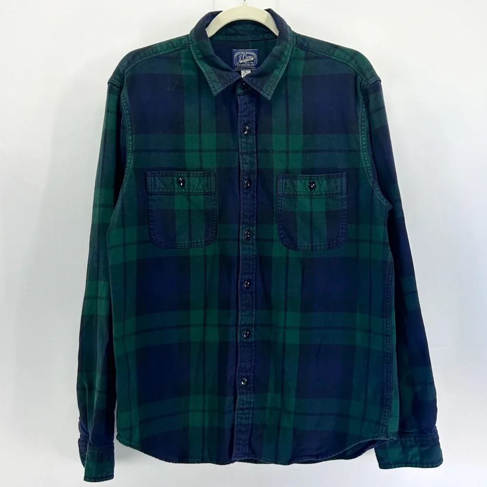 J. Crew 100% Cotton Blue Green Button Down Flannel Shirt Large Slim Preppy
